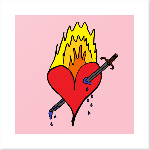 Burning red heart that was bleeding blue by a sword that ripped it! A cute, pretty, beautiful red heart drawing which is burning and ruptured by sword. Wall Art by Blue Heart Design